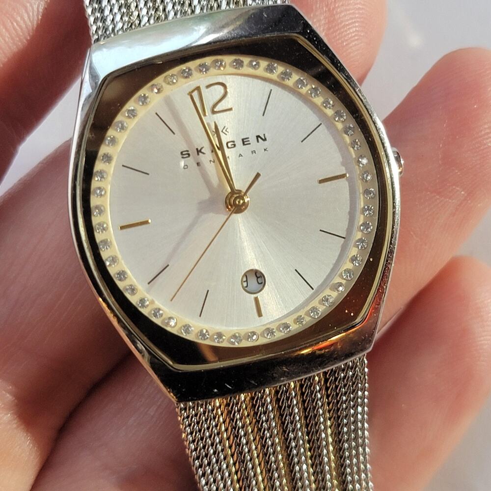Vintage Skagen Womens Watch Silver Dial Silver Case Mesh Bracelet Gemmed Quartz